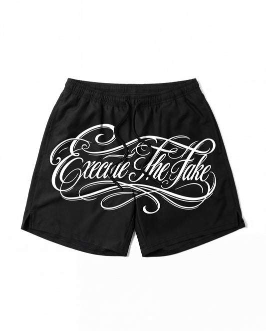 SCRIPT BOARD SHORTS: BLACK